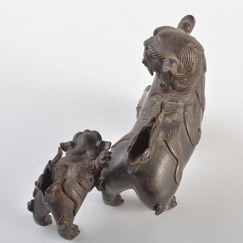 中国　古銅宣徳銅　玉乗り獅子　親子　鈴　置物　M　R7409