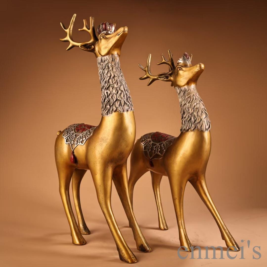 中国古美術 旧蔵 鏨刻描金彩絵 招財鹿一対 純銅 高浮彫 極細工 古銅器 置物