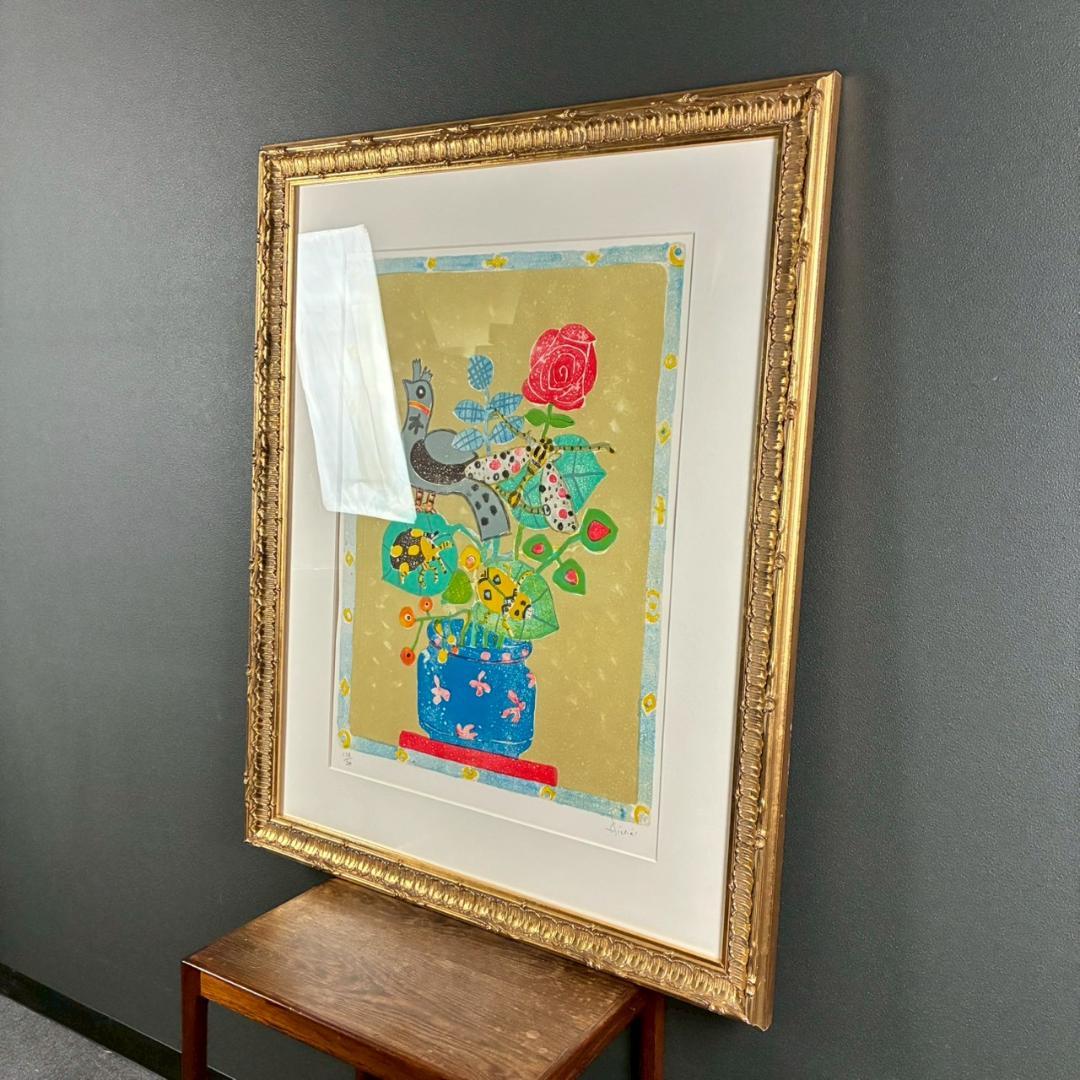 美品 ポール・アイズピリ「鳥と花束」リトグラフ 直筆サイン入 豪華額装 パリ画壇