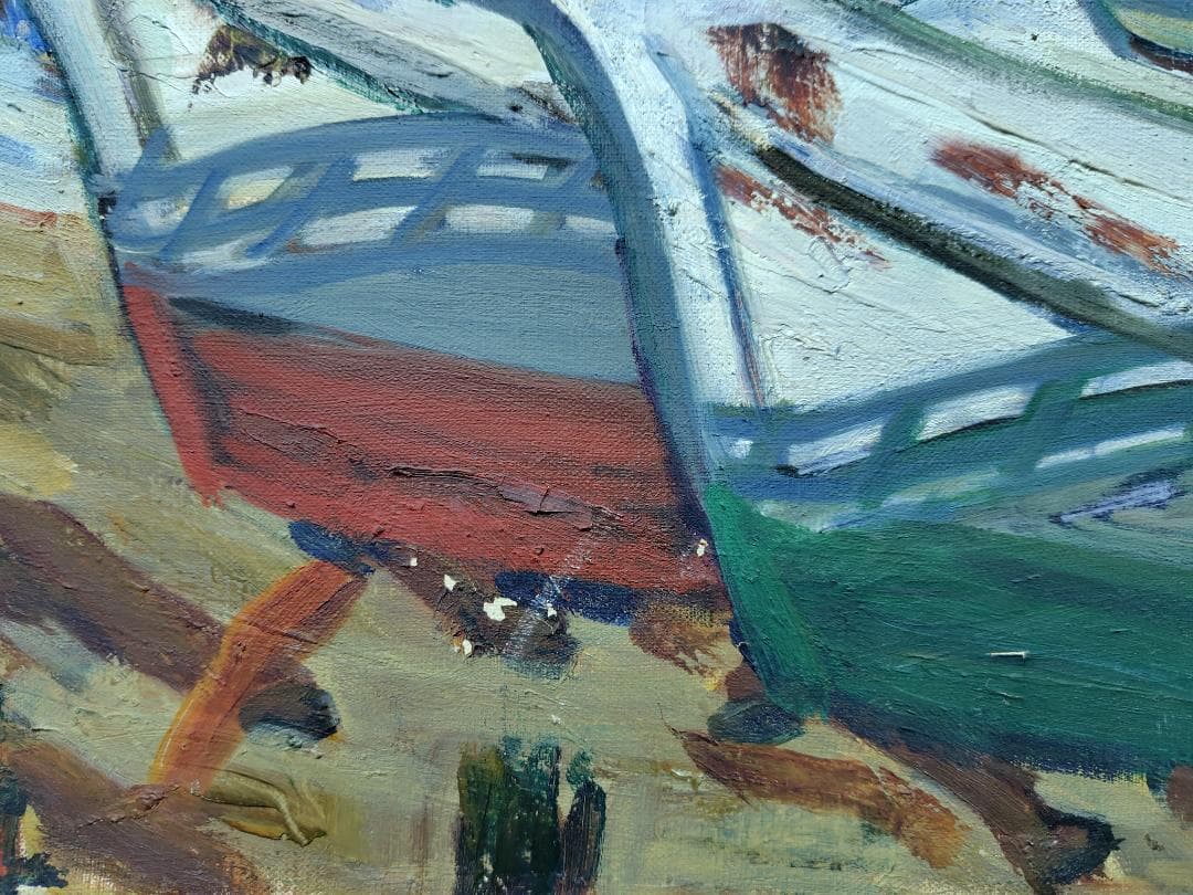 「正月の漁村」'68 F12 油絵 絵画 油彩画 日本 日の丸 国旗