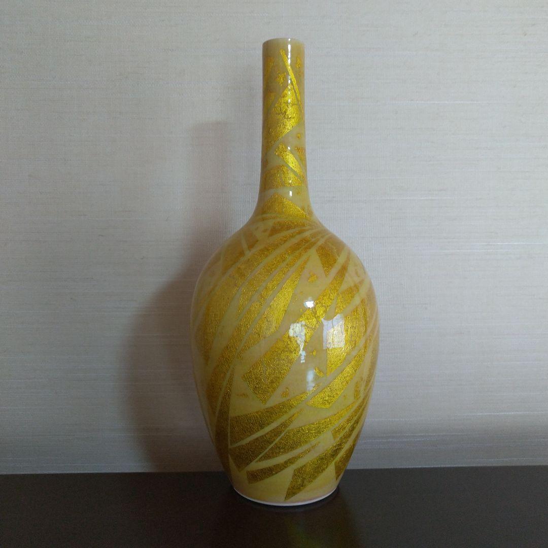 小野珀子　高さ約28.5cm　釉裏金彩花立　桐共箱