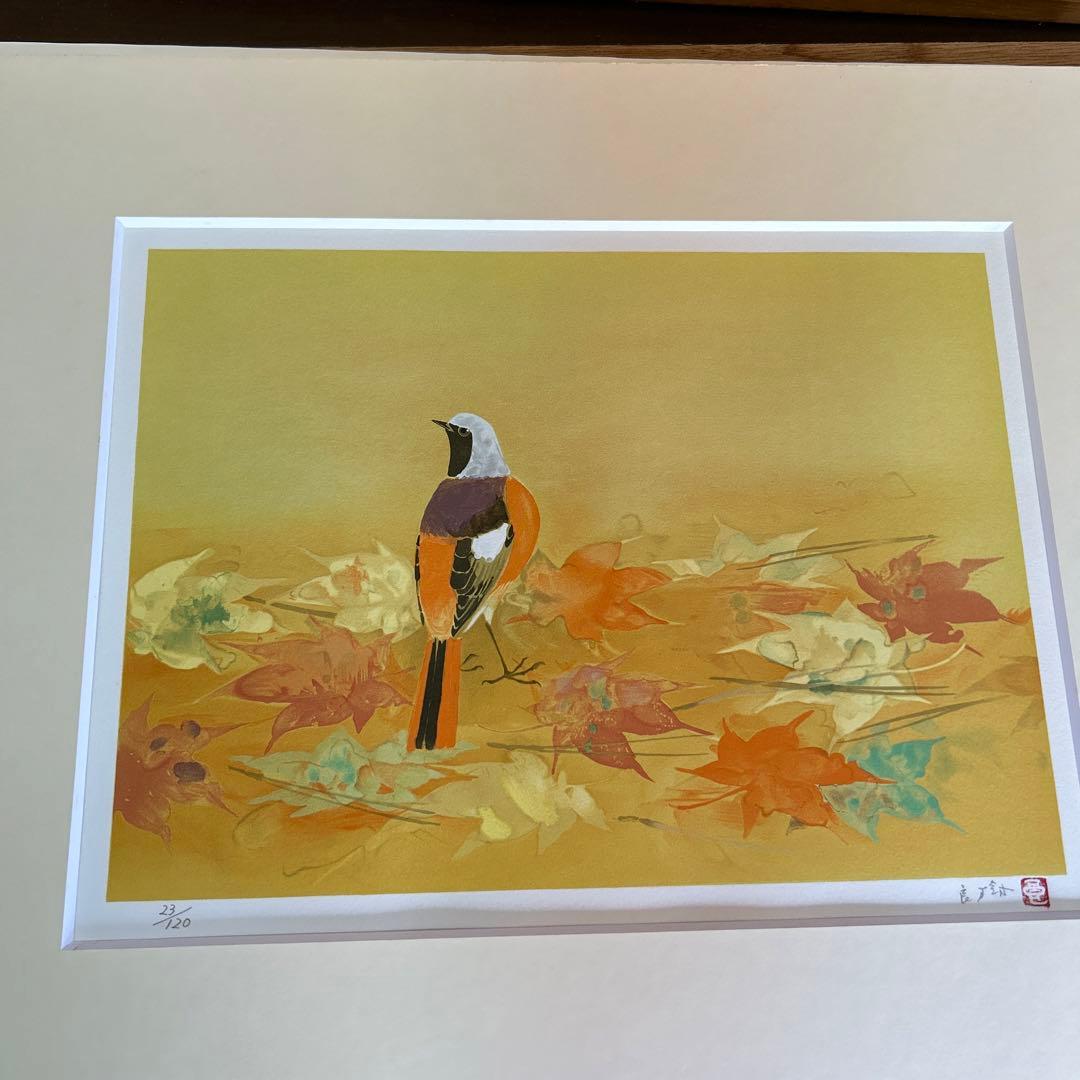 リトグラフ　額装　鳥