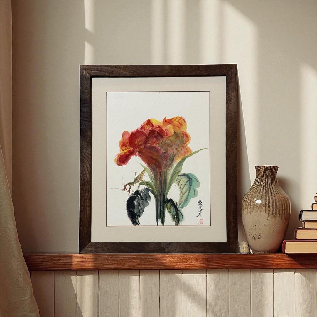 【古口翠芳/Suihou Koguchi】墨彩画　鶏頭と蟷螂　木製額縁付き