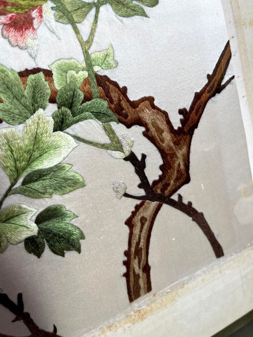 レア　希少【湘繍】ヴィンテージ 刺繍額 中国画 美術品 古美術　ガラス額　花鳥図