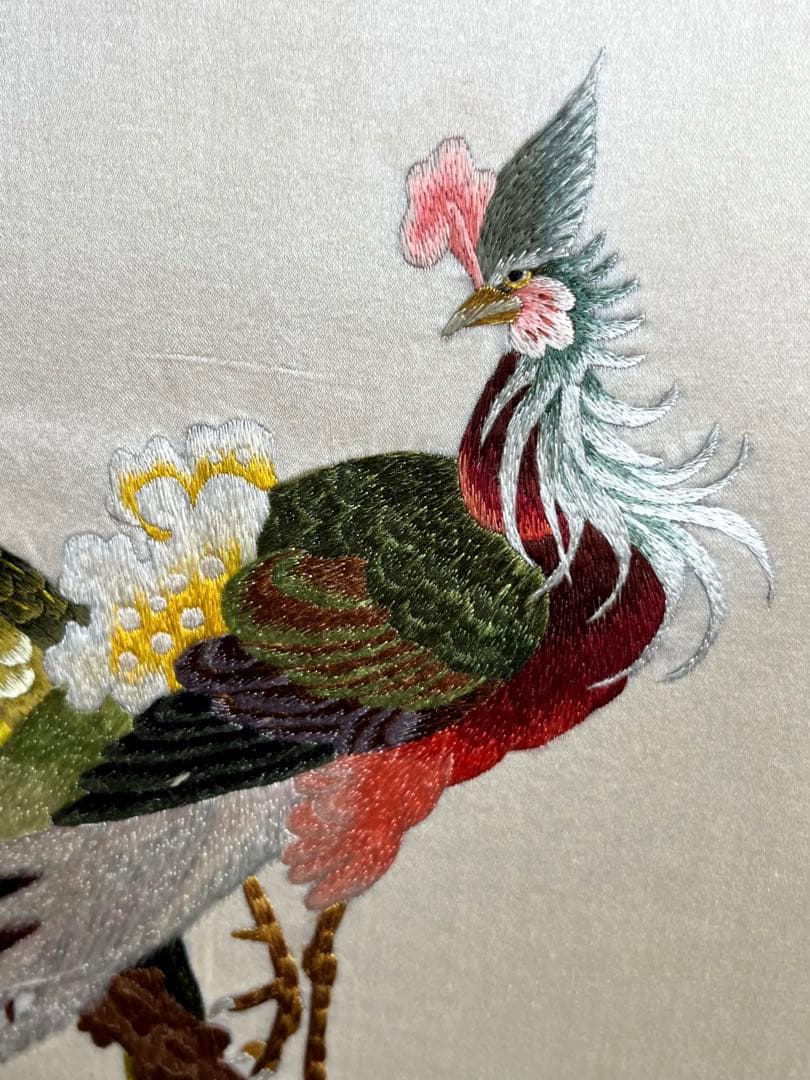 レア　希少【湘繍】ヴィンテージ 刺繍額 中国画 美術品 古美術　ガラス額　花鳥図