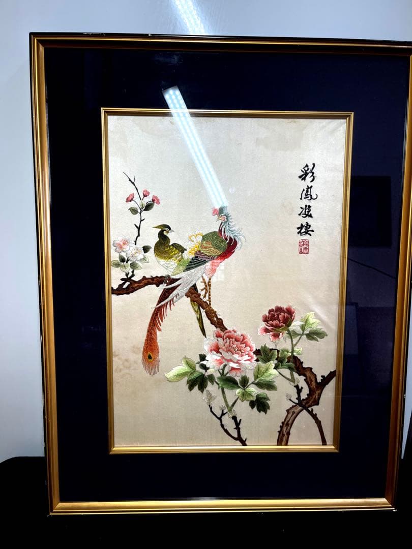 レア　希少【湘繍】ヴィンテージ 刺繍額 中国画 美術品 古美術　ガラス額　花鳥図