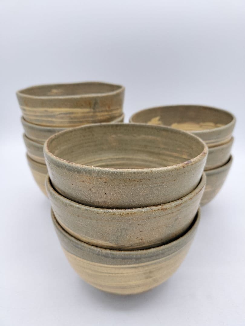 c860 数茶碗 刷毛目　青伊羅保 10客 中村与平 木箱 茶道具 古物