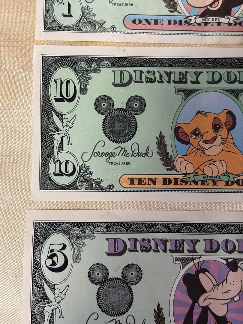 美品Disney Dollars 封筒付1990年代 $1 $5 $10