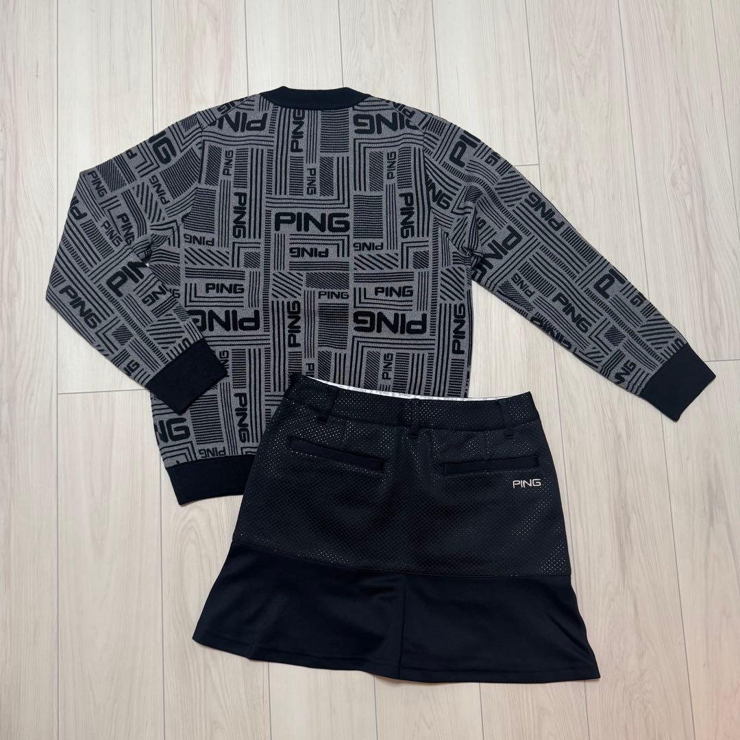 新品 PING セットアップ 裏地付で暖かい！ニットセーター スカート 黒 ピン