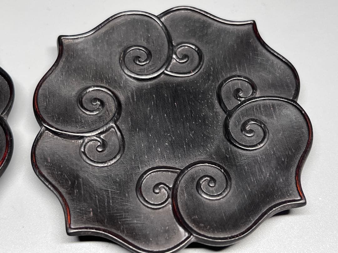 中国古美術　時代物　唐木　五客　茶托　茶道具　木製　巻草紋　浮彫　極細工