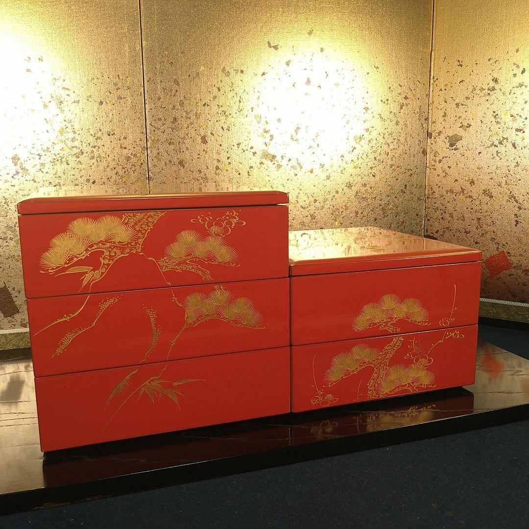 AA236 輪島塗 沈金 蒔絵 五段重ニ枚蓋朱塗り松竹梅木箱入