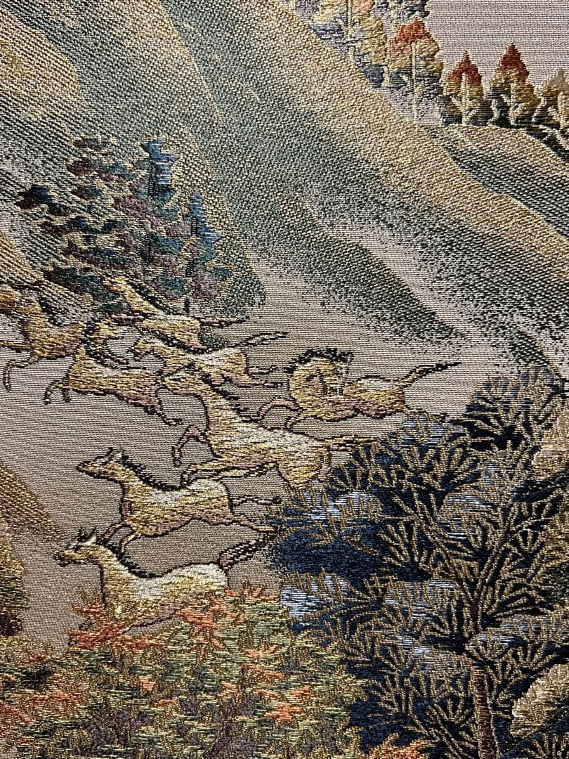 西陣織「吉祥十全図」織物 細密刺繍 七福神 富士 日本画 掛軸 掛け軸 茶掛