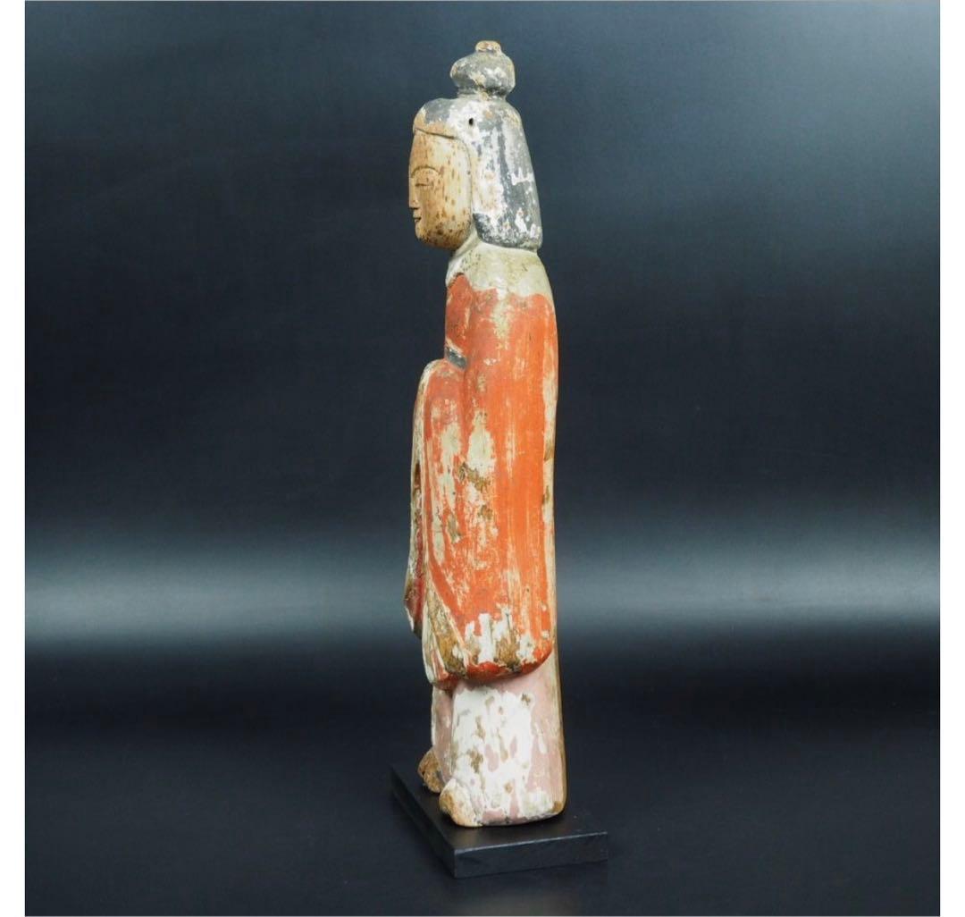 送料無料　鎌倉～室町時代　木彫り 木彫立像 古仏　仏像　総高42.3ｃｍ