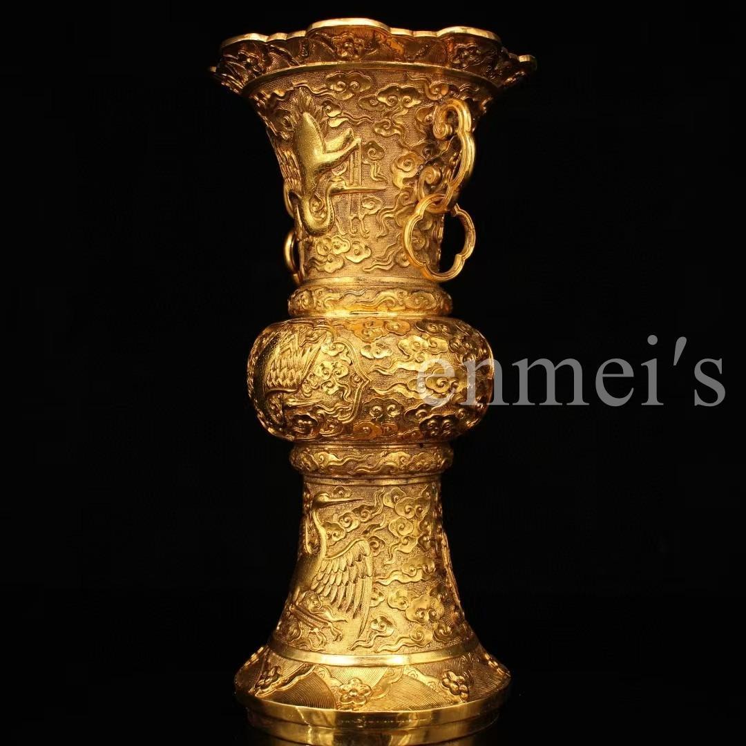 中国古美術・旧蔵鎏金鶴花鼓花瓶・純銅製・純手作り・高浮彫・風水開運・置物・文房具