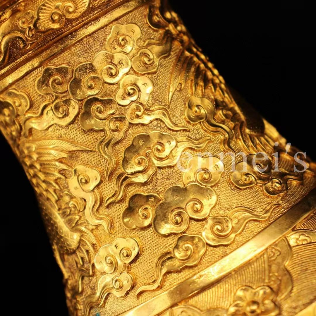 中国古美術・旧蔵鎏金鶴花鼓花瓶・純銅製・純手作り・高浮彫・風水開運・置物・文房具