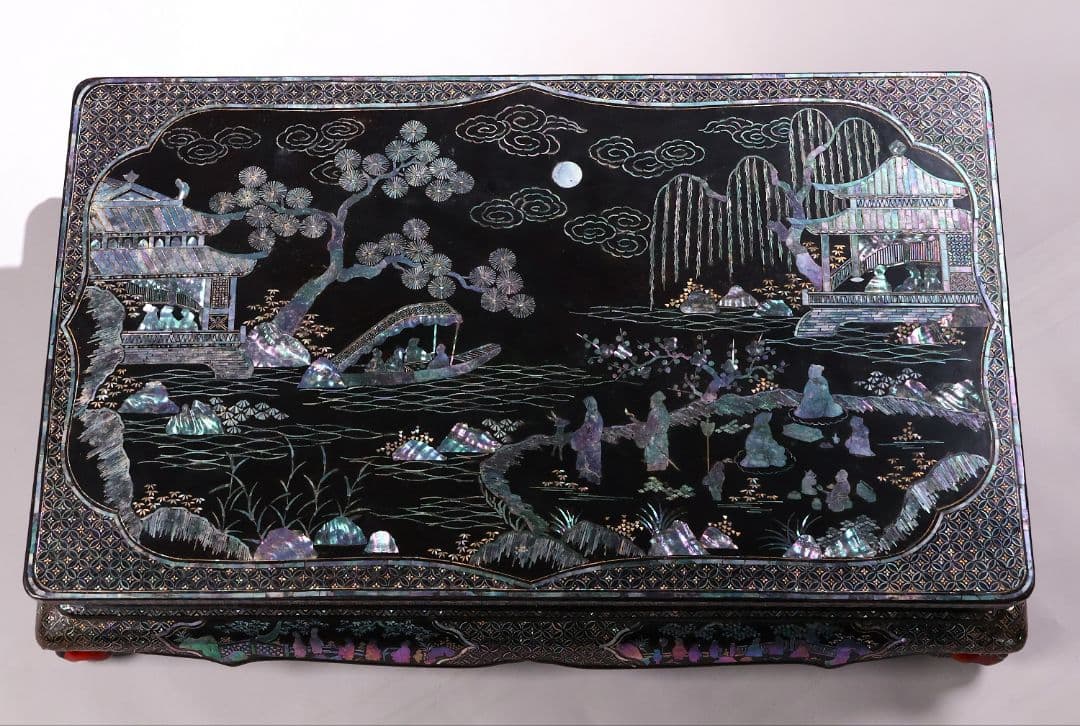 時代唐物 青貝螺鈿細工 楼閣人物 平卓 花台 香炉台 58cm 木製【MA624