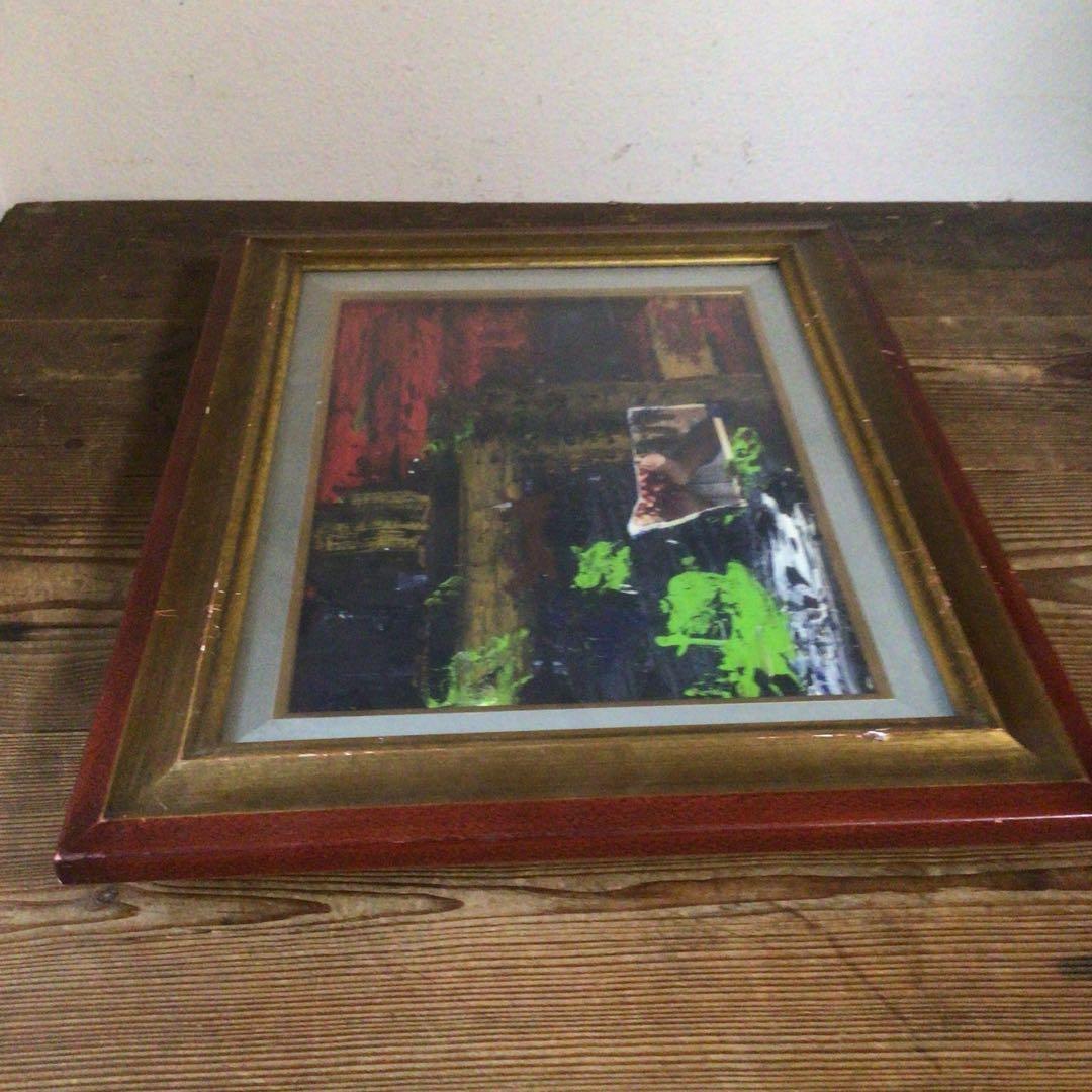 No4127 額装　作者不明　コラージュ画　油彩画　抽象画　現代アート　送料無料