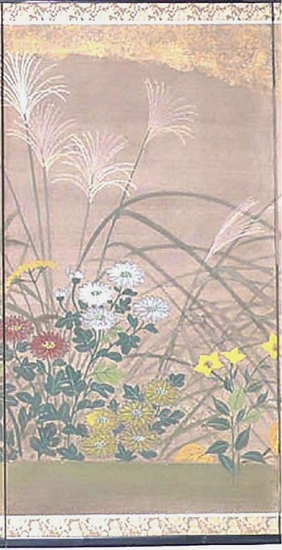 四つ折り屏風　日本画　和紙に金粉彩色　秋草(ハギ・ススキ)