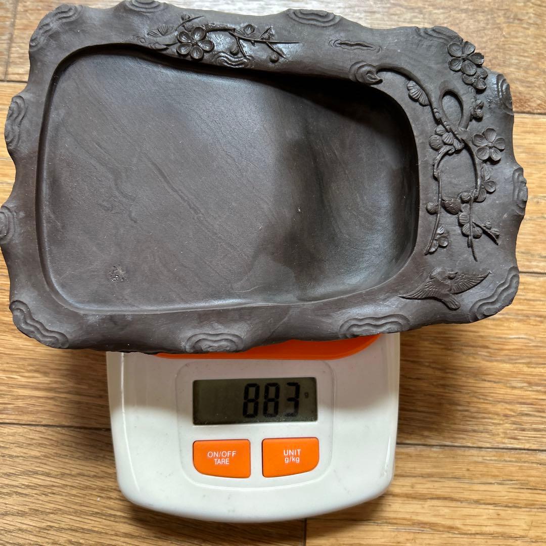 旧蔵コレクション【中国貴重端渓古硯】大き目サイズ四辺細工彫刻梅鶯図　新品未使用