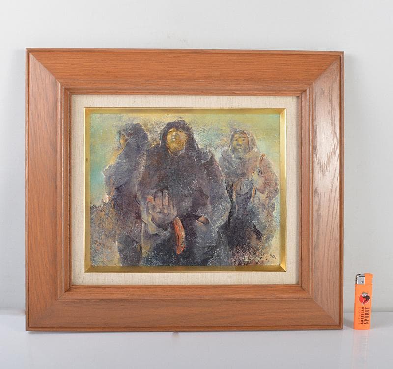 藤崎恒頼作　油彩F3号　『魚夫』　額装　箱付　V R4434C