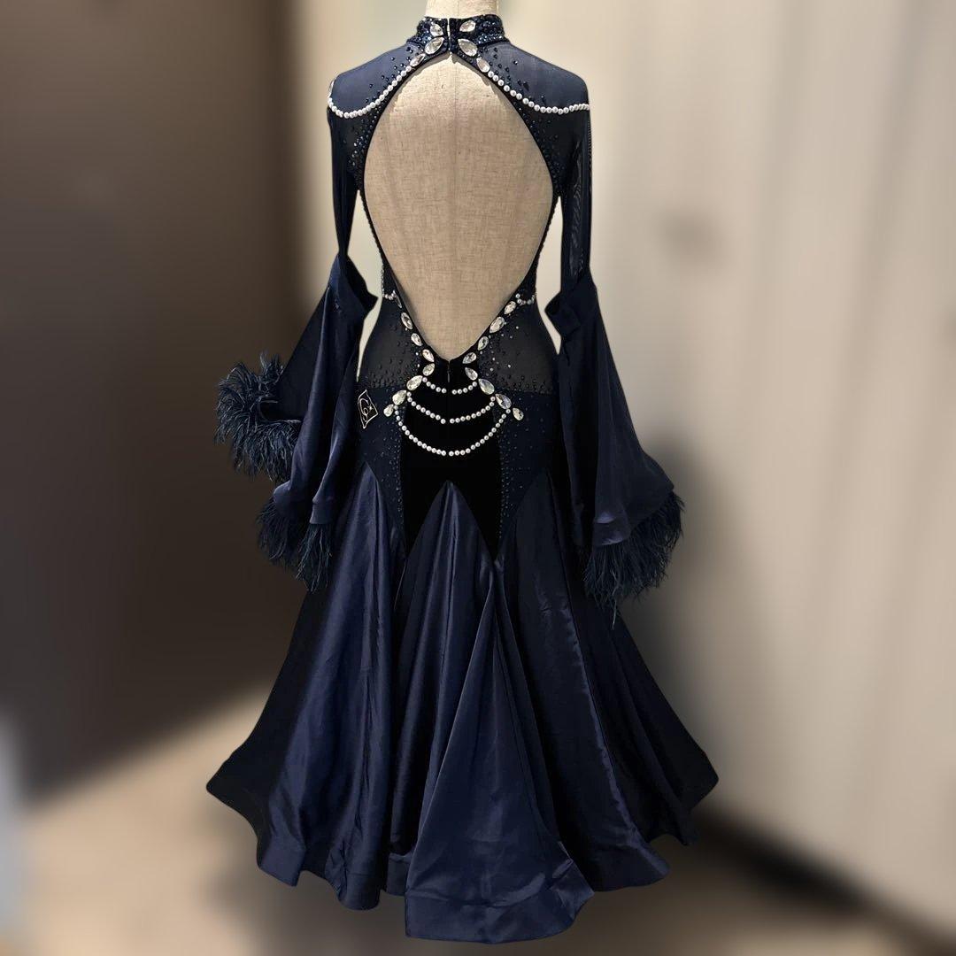 社交ダンスドレス ネイビーブルー ビジュー付き