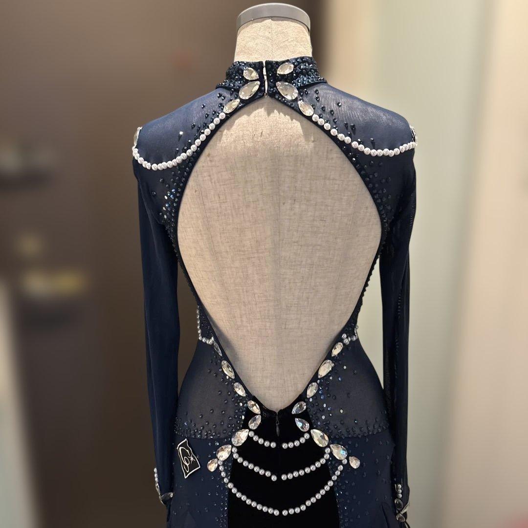 社交ダンスドレス ネイビーブルー ビジュー付き