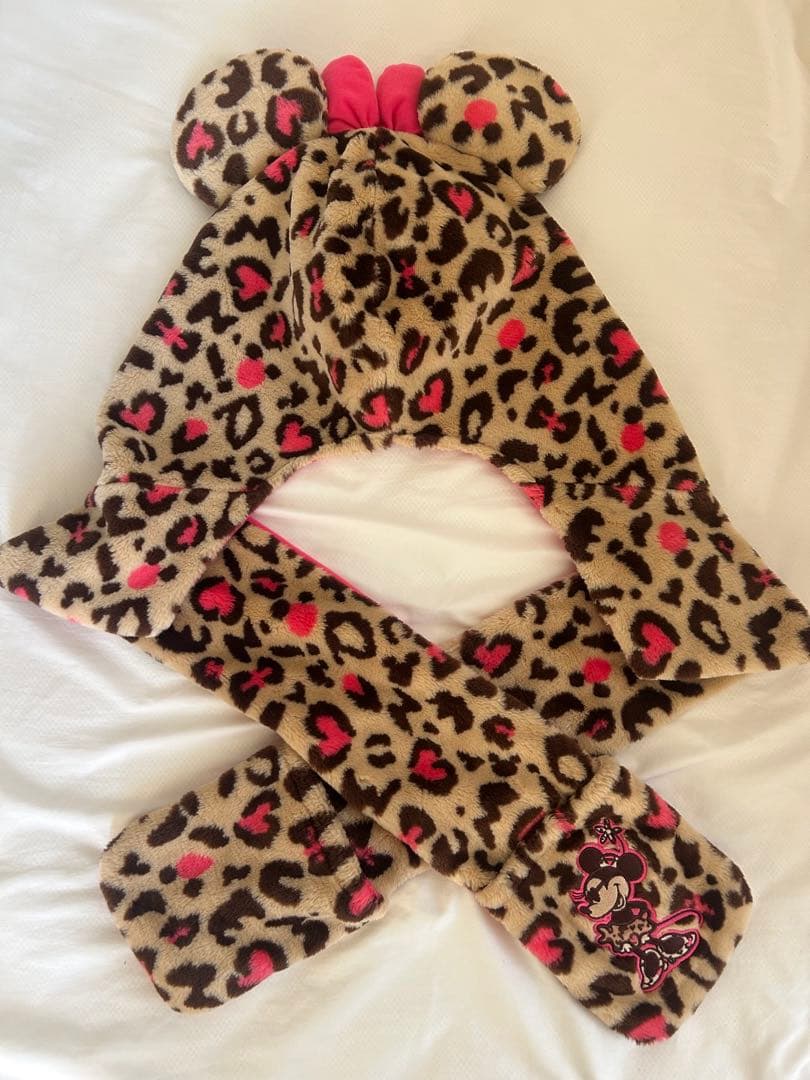 ディズニー ミニーマウス ヒョウ柄マフラーファンキャップ