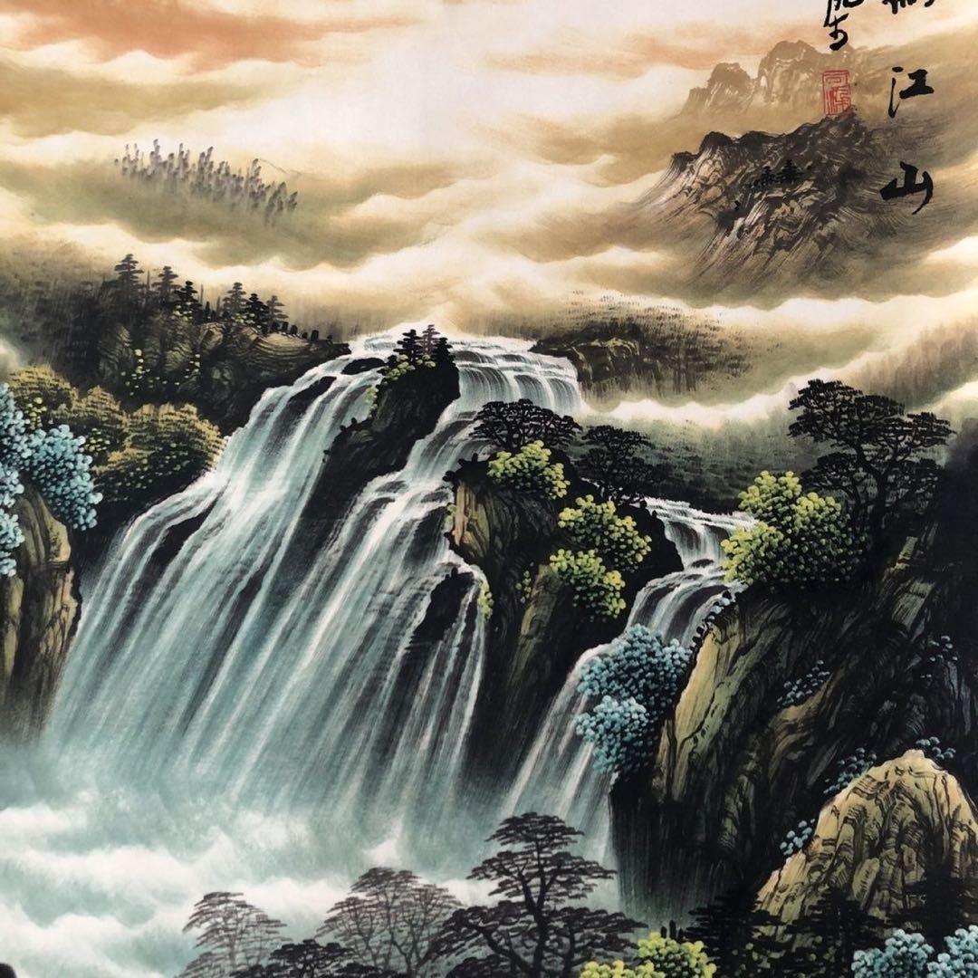 中国山水画　掛け軸　三尺中堂 滝・渓流風景　装飾用