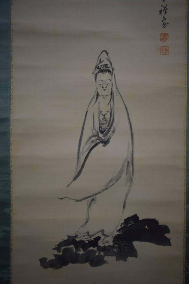 真作/田中柏陰/観音画賛/絹表装/布袋屋掛軸HI-979