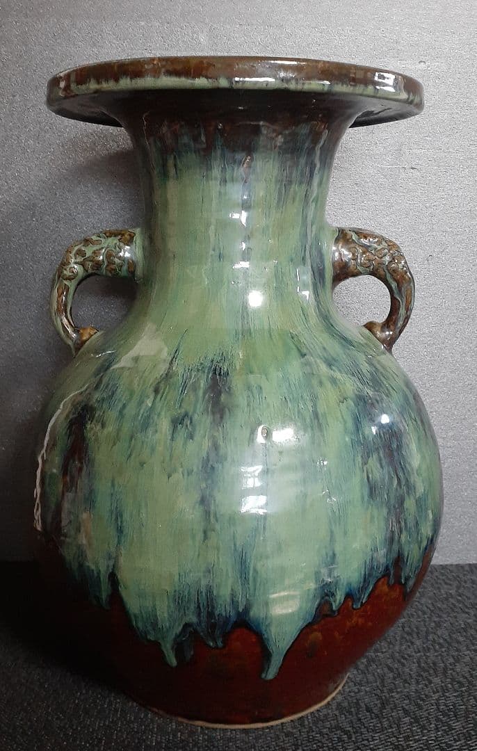 国指定重要無形文化財【小鹿田焼】飴釉　緑釉　打ち掛け　流し釉　双耳広口大壺　花器
