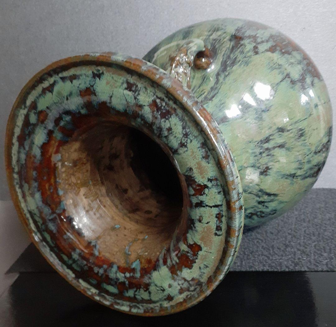 国指定重要無形文化財【小鹿田焼】飴釉　緑釉　打ち掛け　流し釉　双耳広口大壺　花器