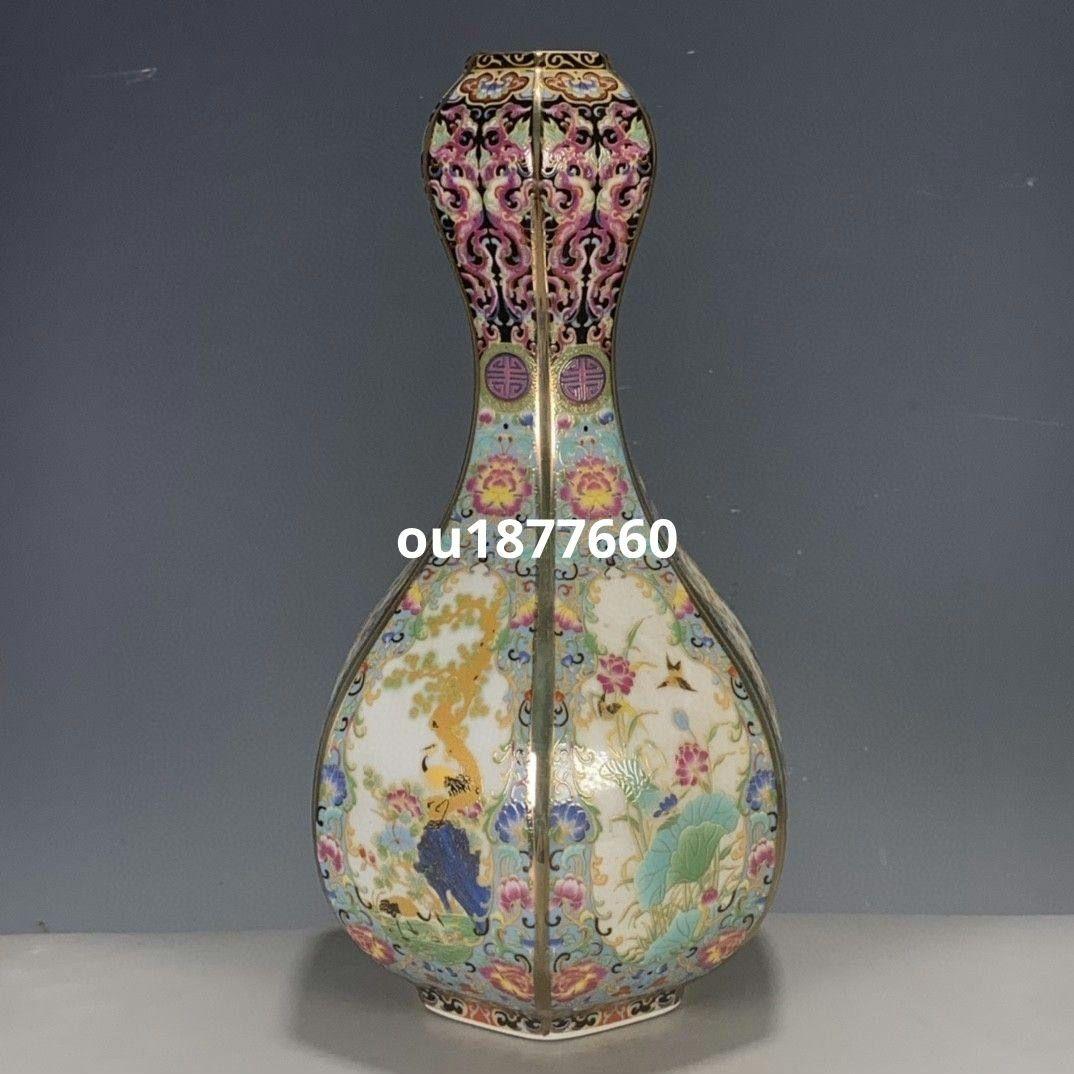 パステル琺瑯彩蒔花蒜頭瓶 景徳鎮 陶磁器 装飾品 現代工芸品 美術品 置物