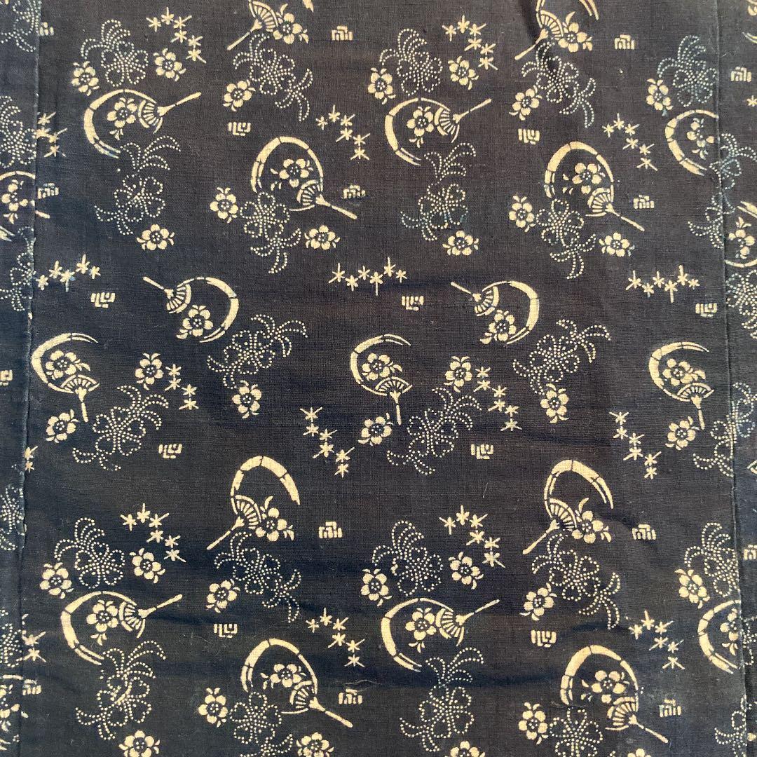 古布　両面染め　型染　藍染　上っ張り　紅花染め　団扇