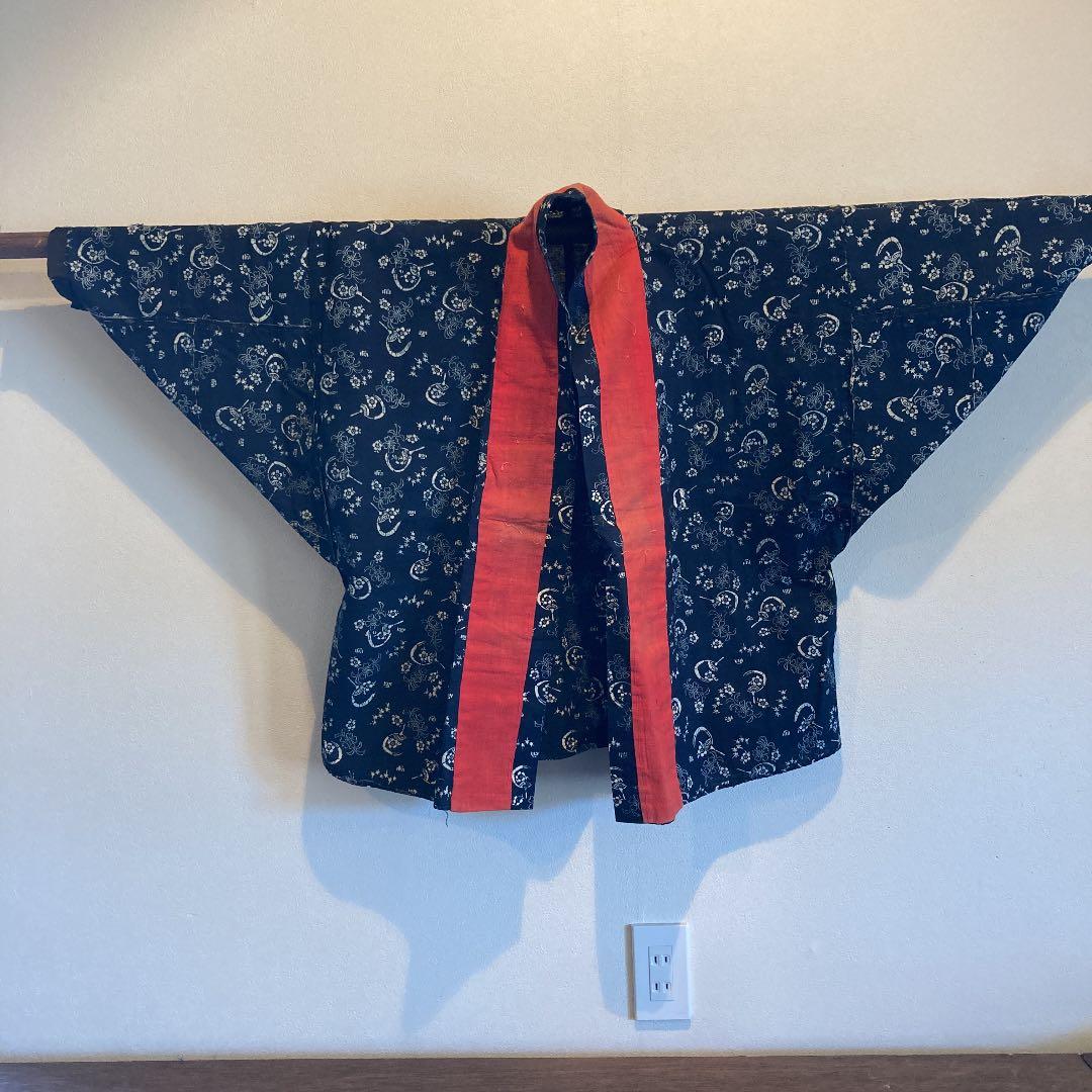 古布　両面染め　型染　藍染　上っ張り　紅花染め　団扇