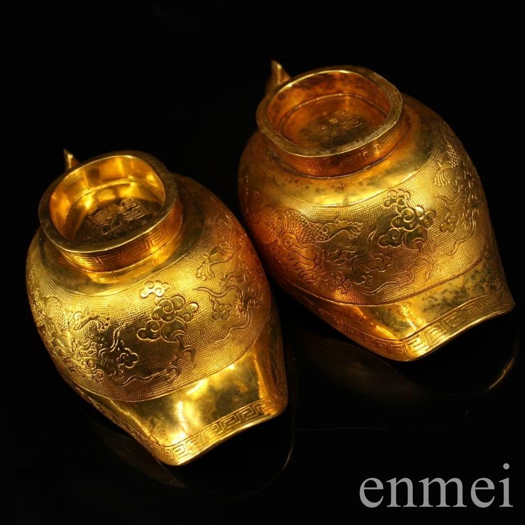 中国古美術・珍蔵浮彫鎏金双龍ワイングラス純銅制・純手作り・文房具・賞物 ·酒具