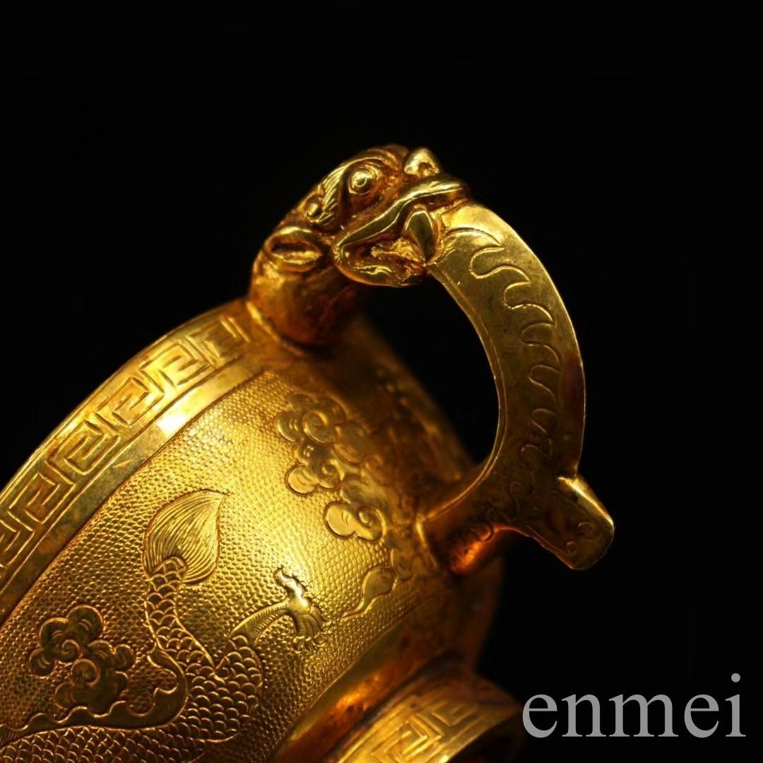 中国古美術・珍蔵浮彫鎏金双龍ワイングラス純銅制・純手作り・文房具・賞物 ·酒具