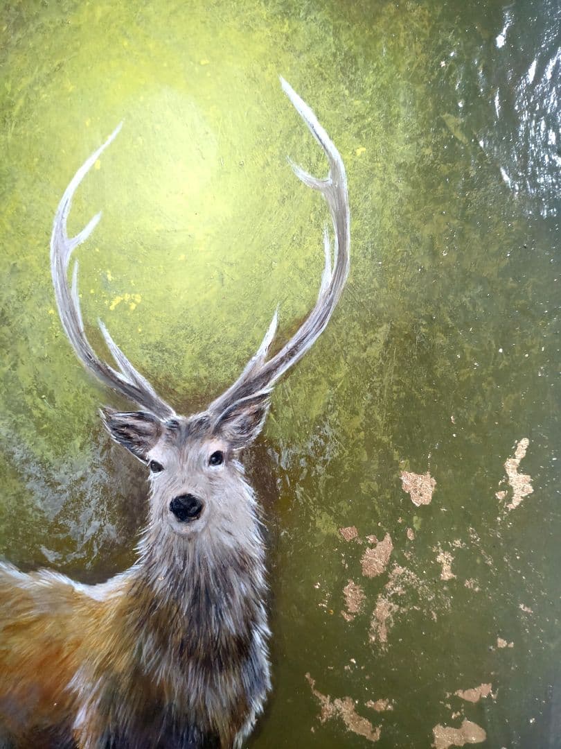 エゾシカの油絵【タイトル:僥倖】1点物の原画◆作者サイン入り◆F3号キャンバス