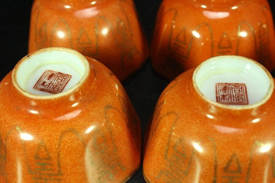 中国美術 煎茶 珊瑚釉 寿字 八方碗 六件(K-XA883)