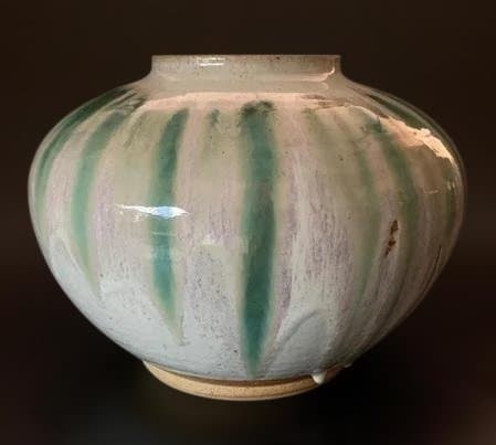 会津本郷焼 宗像窯 七代目 宗像亮一 大作 土灰白釉青流 蓋付 飾り壺