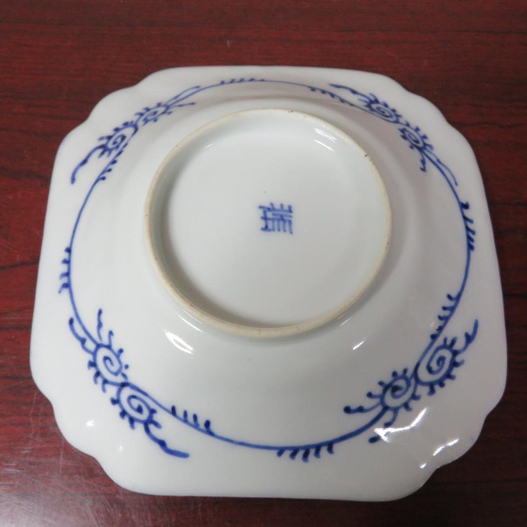 角皿 染付 5枚 山水文様 花唐草 銘 明治 大正 蔵出し 希少