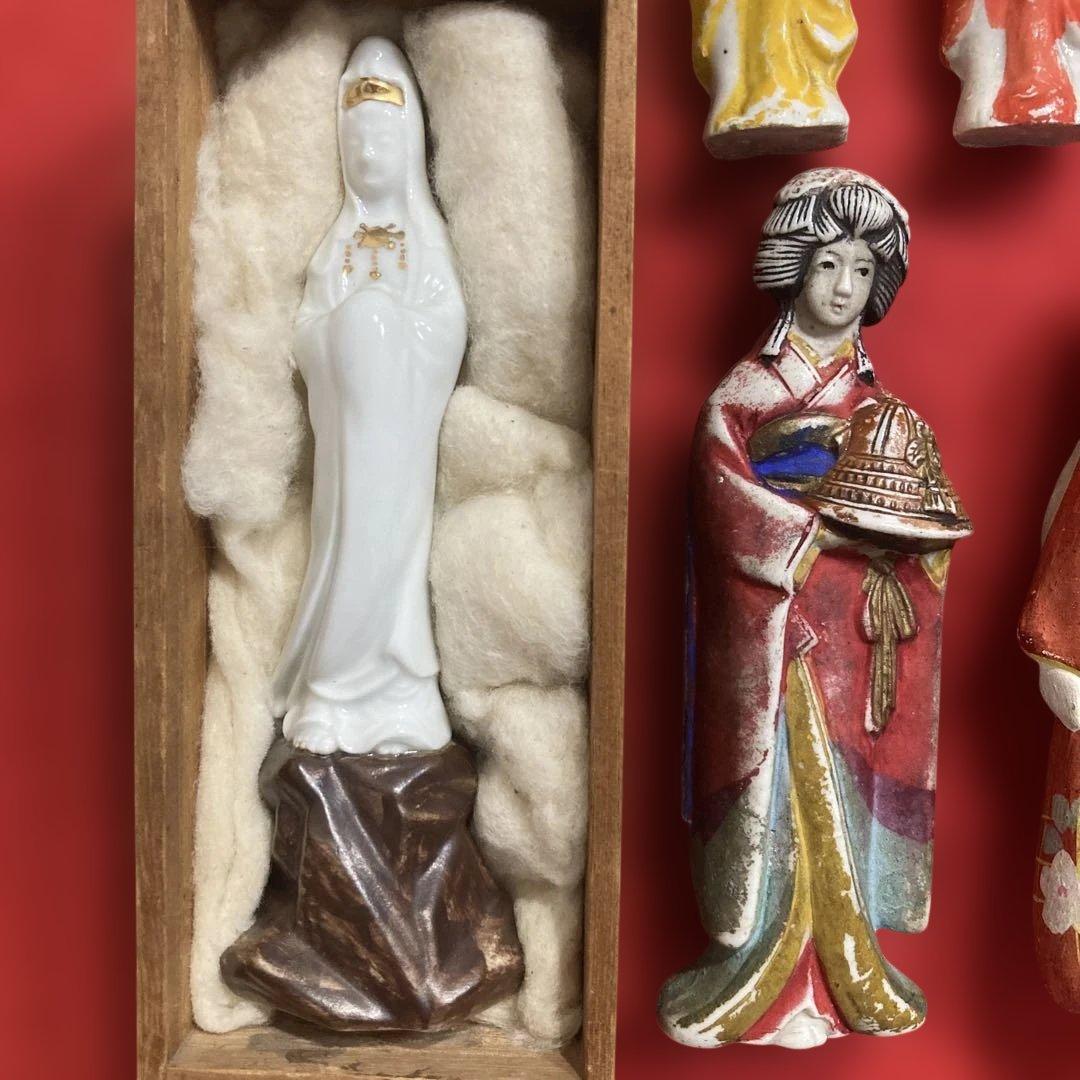 （珍）昭和レトロ　陶磁器製射的人形／観音像／日本人形等11体　　　　　（収集品）