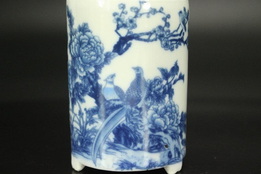 中国美術 青花 花鳥紋 筆筒 乾隆年製 高8cm 文房具(HA414)