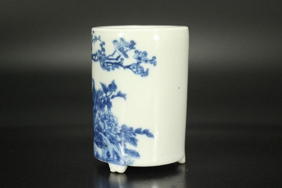 中国美術 青花 花鳥紋 筆筒 乾隆年製 高8cm 文房具(HA414)