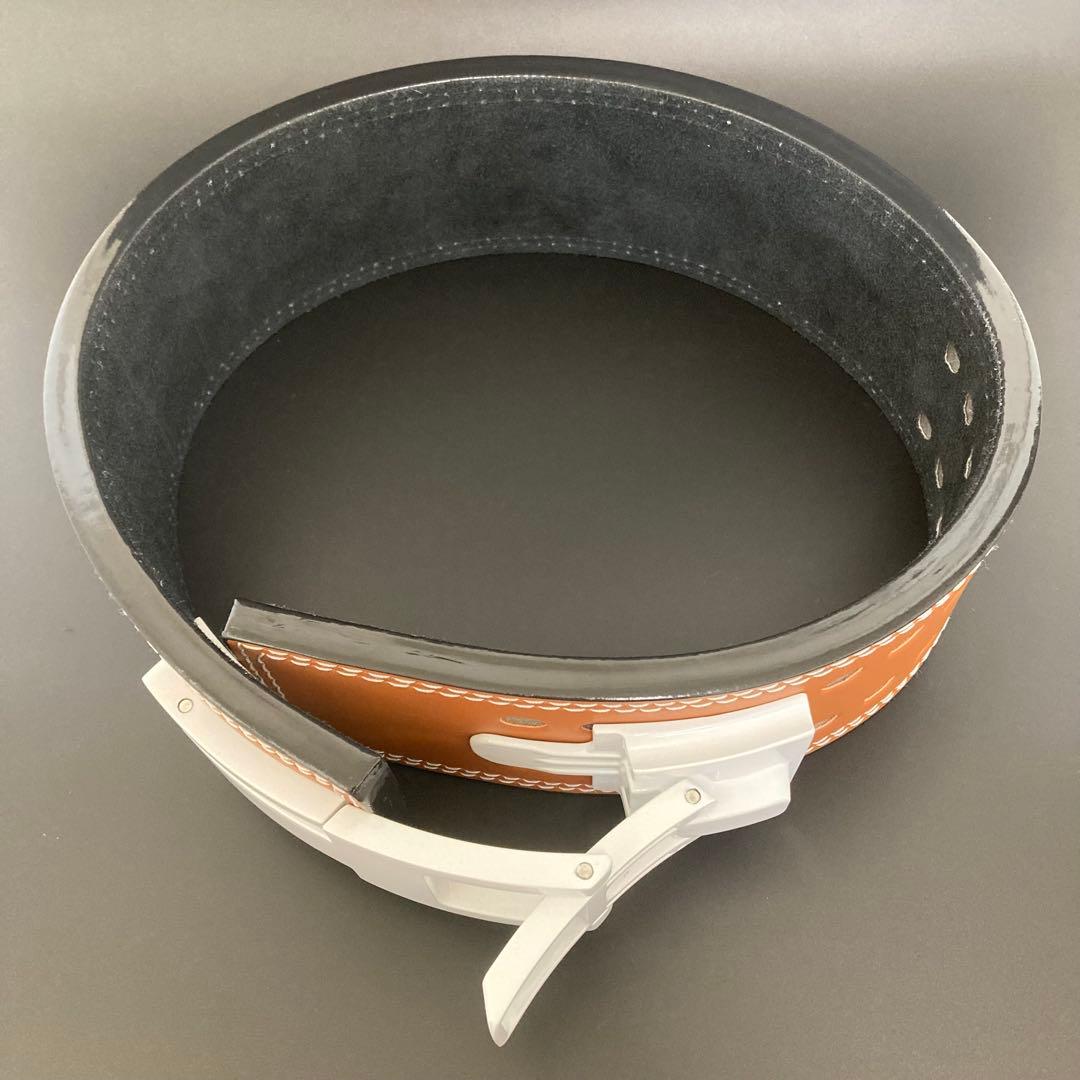 パワーベルト レバーアクション Mサイズ ワンタッチ可変式 本革 茶 バックル白