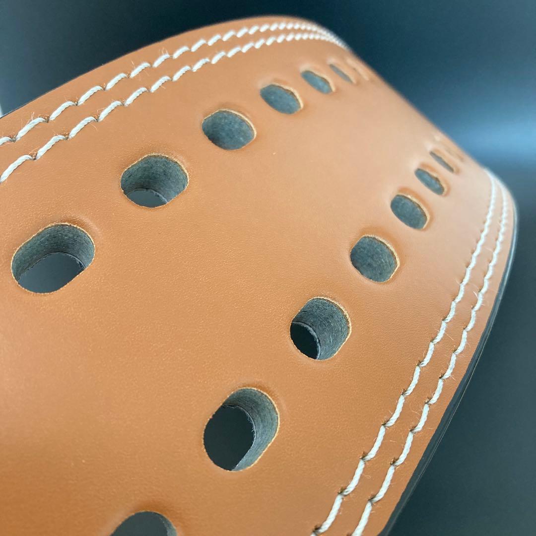 パワーベルト レバーアクション Mサイズ ワンタッチ可変式 本革 茶 バックル白