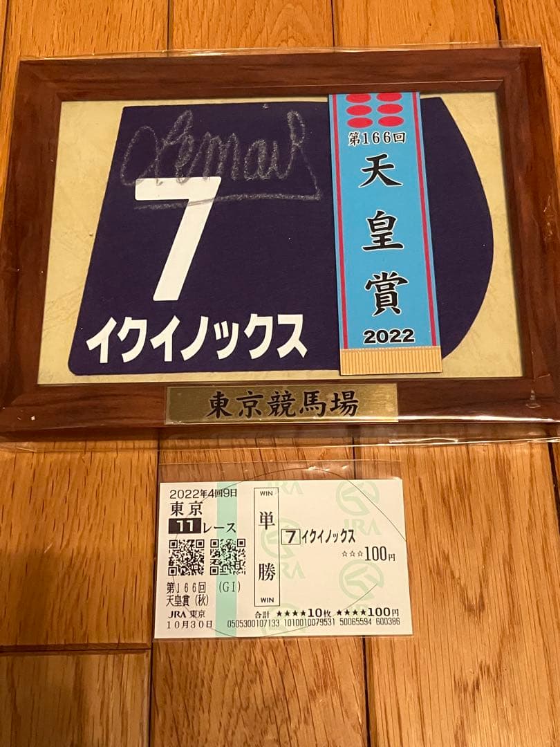イクイノックス　2022 天皇賞・秋 ミニゼッケン　ルメール直筆サイン馬券鬣一本