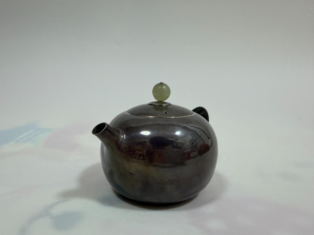 純銀製 丸形 玉石摘 急須 銀瓶 煎茶道具