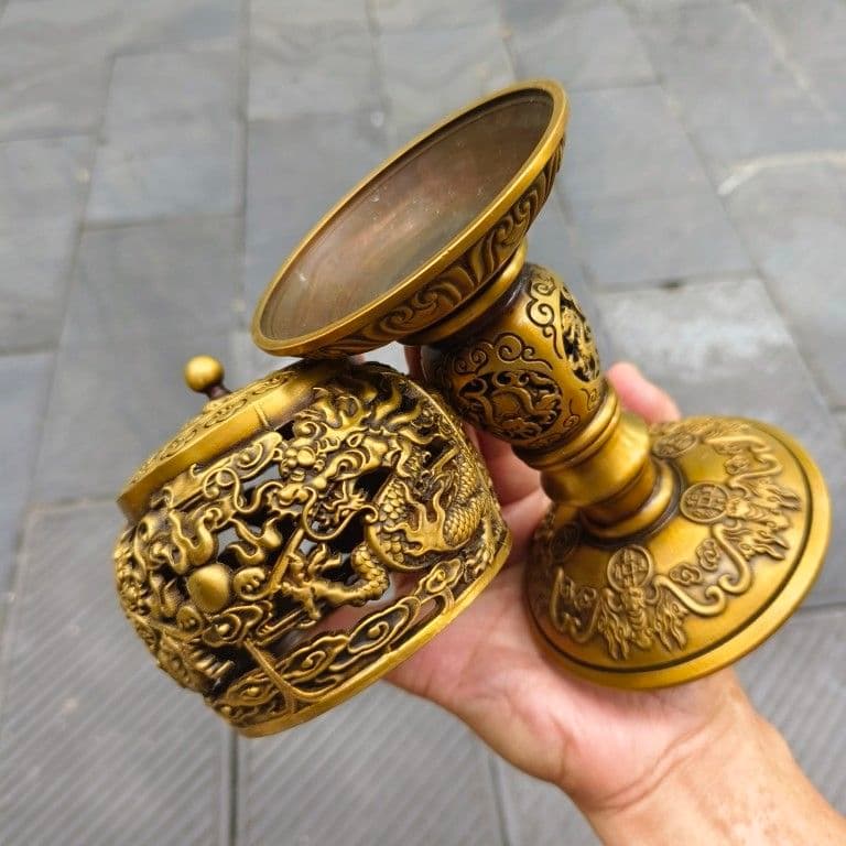 銅 細工 透かし彫り 双龍香炉 銅香炉 仏具 茶道具 香道具 工芸品 置物
