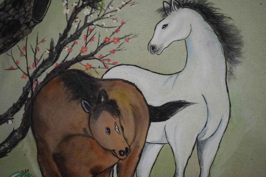 真作/若雪/松竹梅双馬図/桐共箱付/布袋屋掛軸HF-657