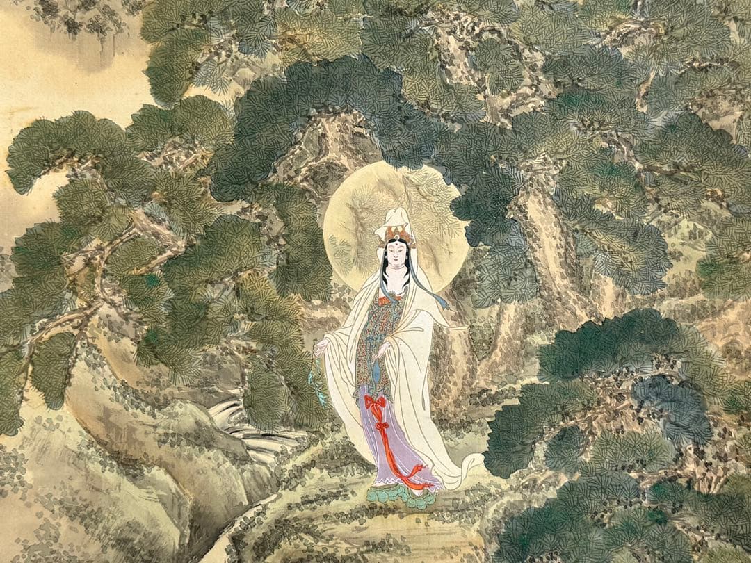 滝見観音　後藤越山筆　絹本肉筆　仏画　掛軸　送料込み250902